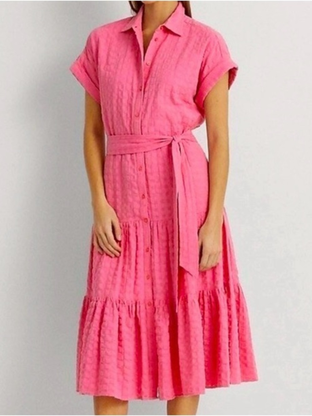 RALPH LAUREN Gingham Vilma Shirt Dress Womens 2P Pink Pockets Tiered Belted